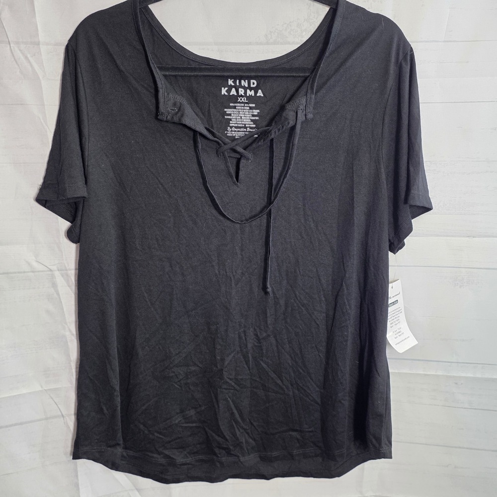 New Kind Karma Black T Shirt Tee Top Plus Size XXL 2X Lace Neck Short Sleeves‎